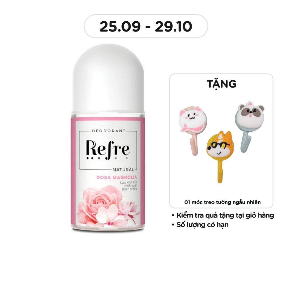 Lăn Khử Mùi Refre Natural Chiết Xuất Thiên Nhiên - Hồng Mộc Lan Rosa Magnolia 40ml