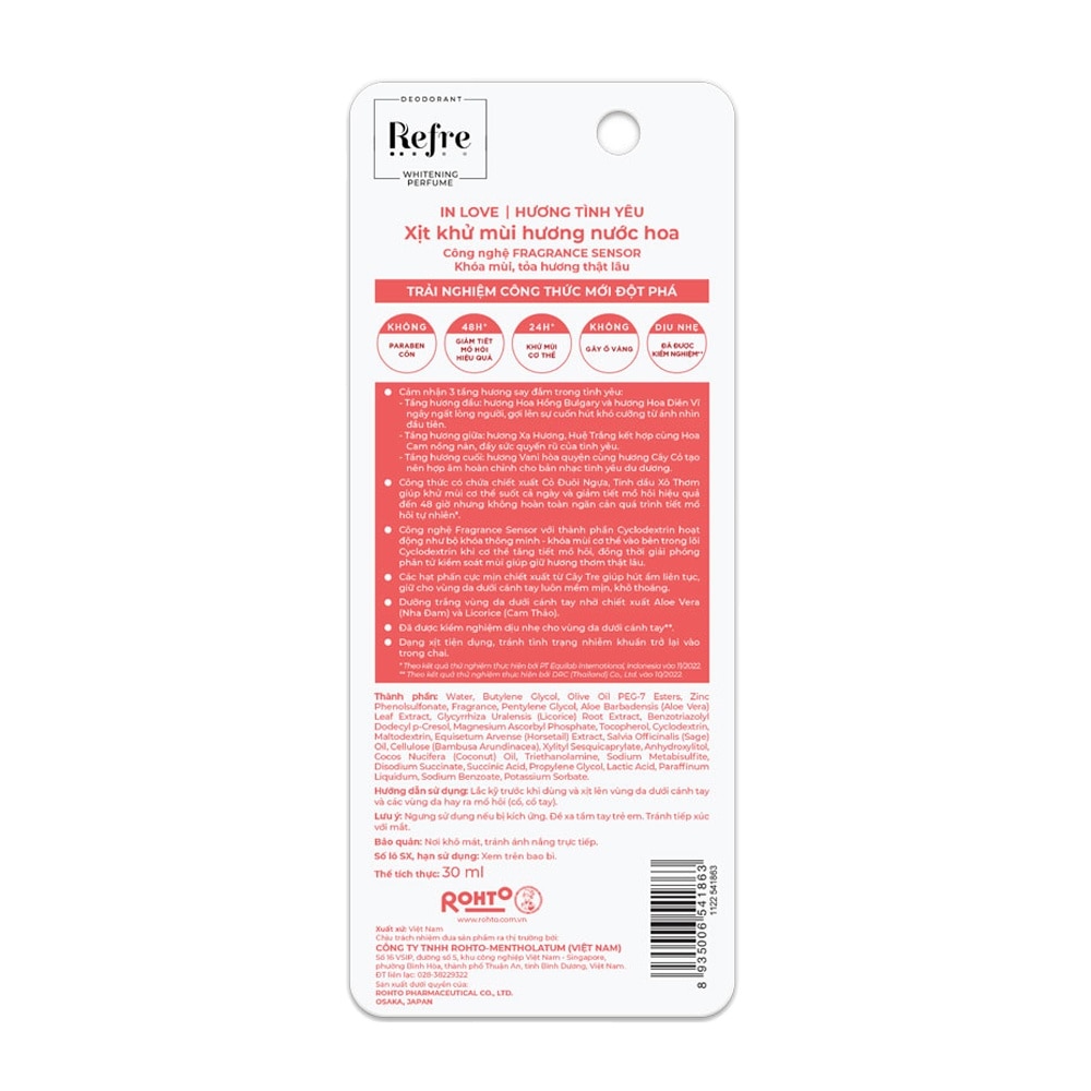 Xịt Khử Mùi Refre Whitening Perfume Nước Hoa - Hương Tình Yêu In Love 30ml