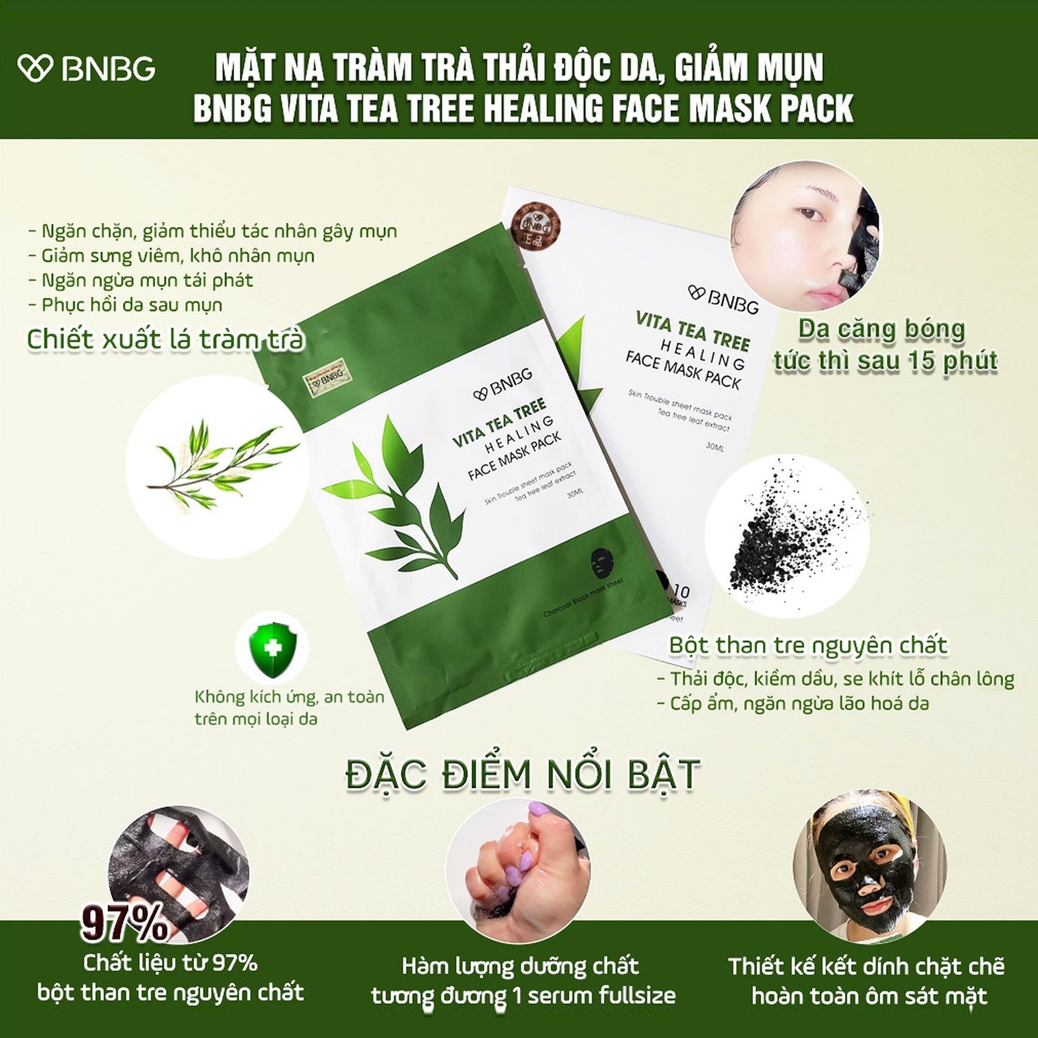 Mặt Nạ BNBG Vita Tea Tree Healing Face Mask Pack Thải Độc Da Giảm Mụn 30ml