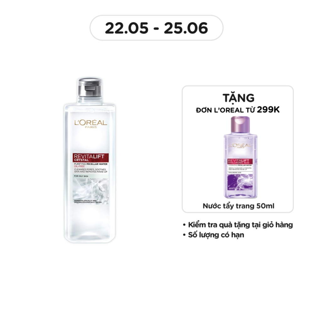 Nước Tẩy Trang L’Oréal Paris Revitalift Crystal Purifying Micellar Water Cho Da Dầu 400ml