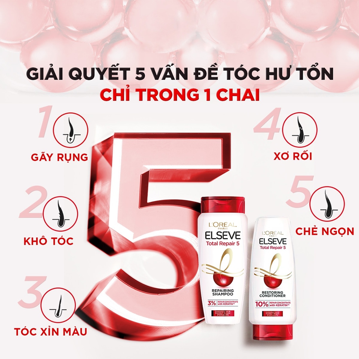 Dầu Xả L'Oréal Paris Elseve Total Repair 5 Restoring Giảm 5 Dấu Hiệu Của Tóc Hư Tổn 265ml