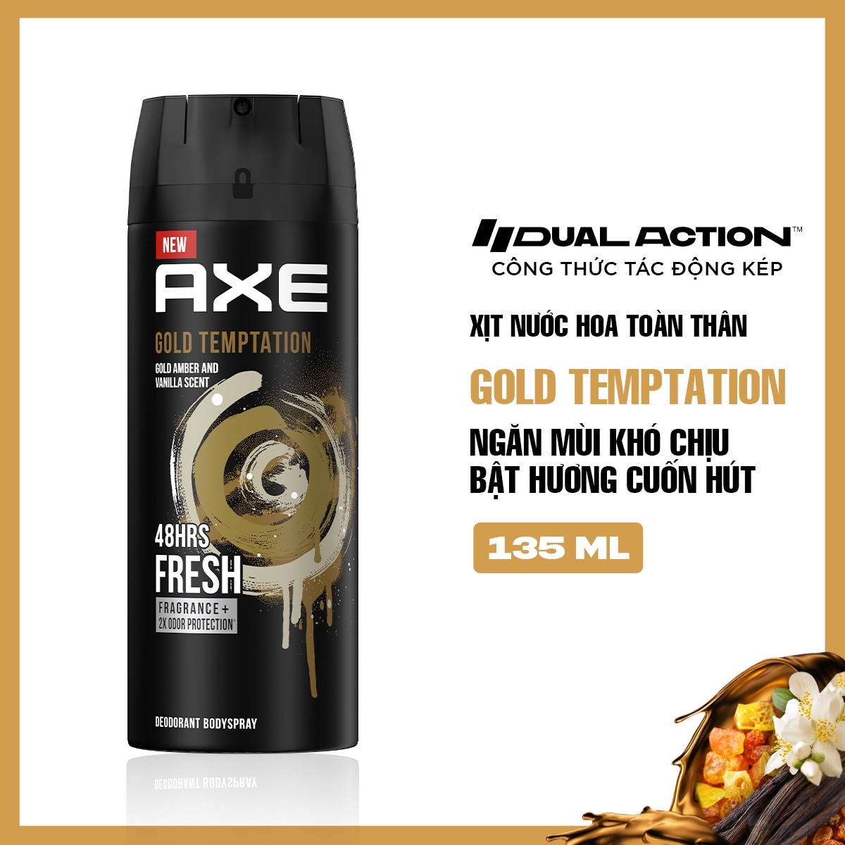 Xịt Khử Mùi Axe Gold Temptation Hương Hổ Phách và Vanilla Trầm Ngọt 135ml