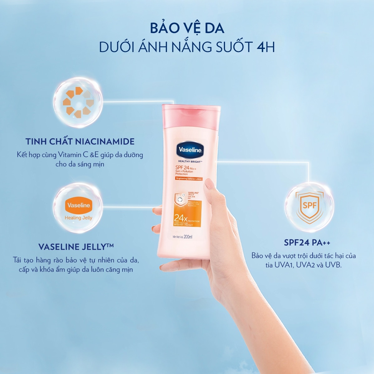 Sữa Dưỡng Thể Vaseline Sun+ Pollution Protection SPF24 PA++ Chống Nắng và Dưỡng Sáng Da 200ml