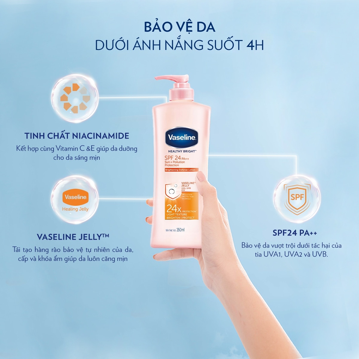 Sữa Dưỡng Thể Vaseline Sun+ Pollution Protection SPF24 PA++ Chống Nắng và Dưỡng Sáng Da 350ml