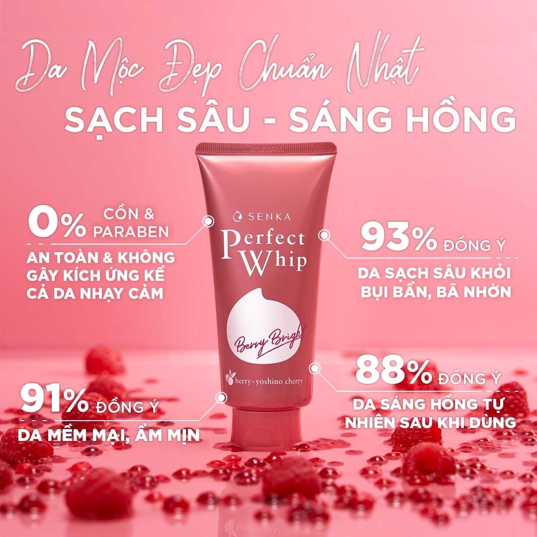 Sữa Rửa Mặt Senka Perfect Whip Berry Bright Dưỡng Da Sáng Hồng 100g