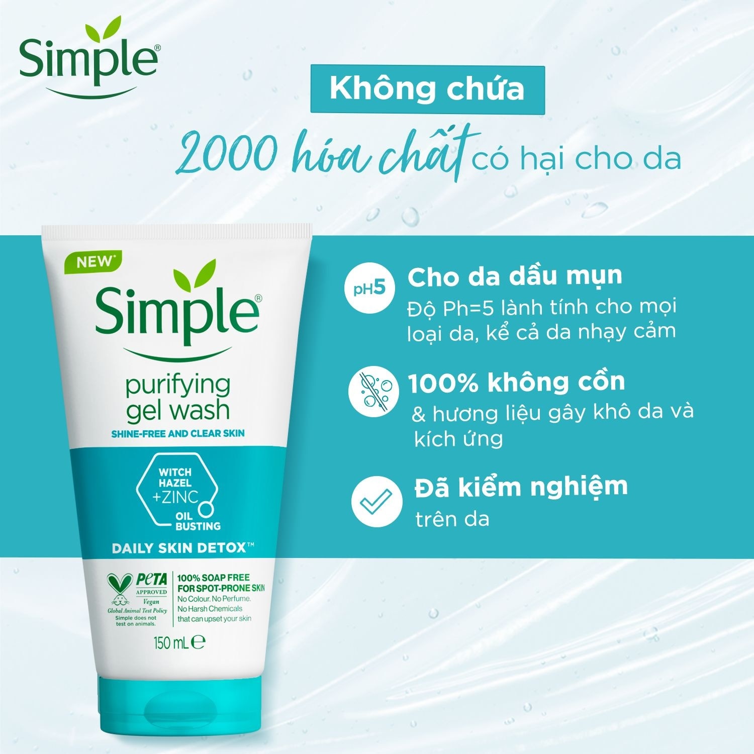 Gel Rửa Mặt Simple Purifying Daily Skin Detox Dành Cho Da Dầu và Da Nhạy Cảm 150ml