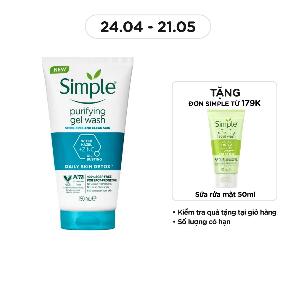 Gel Rửa Mặt Simple Purifying Daily Skin Detox Dành Cho Da Dầu và Da Nhạy Cảm 150ml
