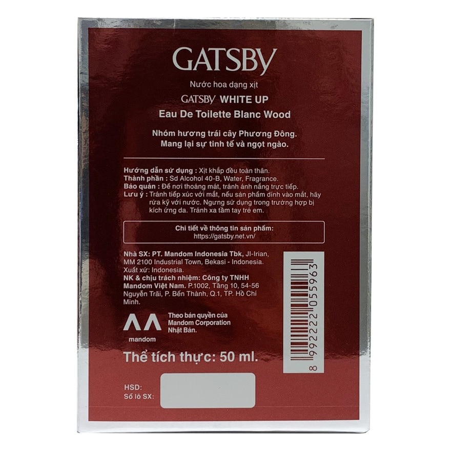 Nước Hoa Nam Gatsby Hương Trái Cây Phương Đông Eau De Toilette Blanc Wood 50ml