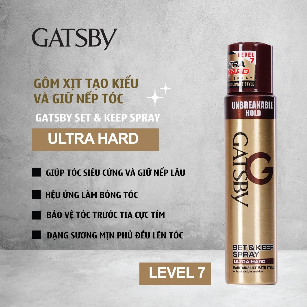 Keo Xịt Tóc Gatsby Tạo Độ Cứng Cho Tóc Ultra Hard Set & Keep Spray 250ml