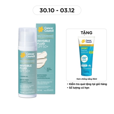 CANCER COUNCIL Sữa Chống Nắng Cancer Council Mỏng Nhẹ Dùng Hằng Ngày Invisible Fluid Matte SPF50+ PA++++ 50ml