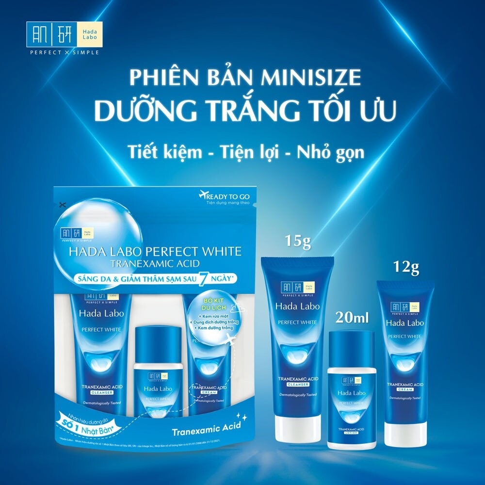 Bộ Hada Labo Dưỡng Trắng Perfect White Travel Kit (Kem Rửa Mặt 15g + Lotion 20g + Kem Dưỡng 12g)