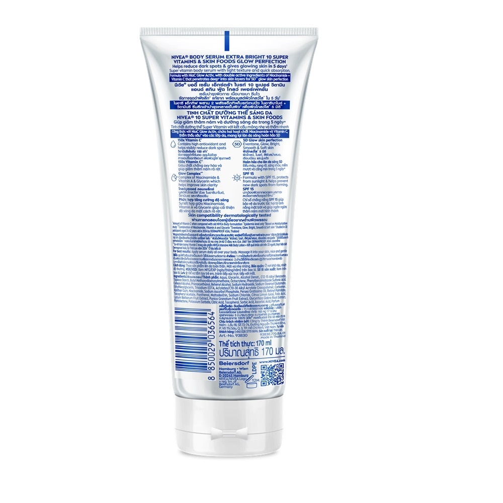 Tinh Chất Dưỡng Thể Nivea Sáng Da Body Serum Extra Bright 10 Super Vitamin & Skin Foods Glow Perfection SPF15 170ml