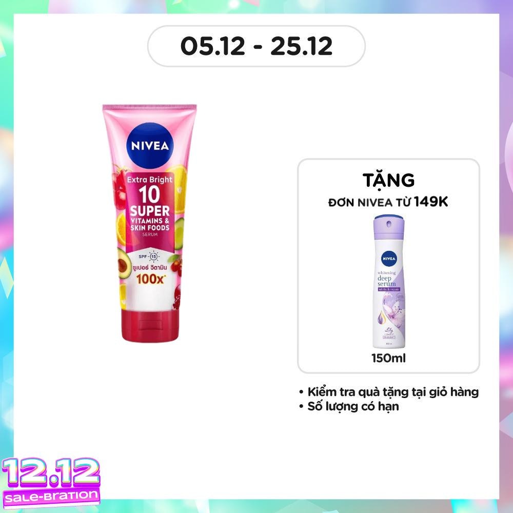 Tinh Chất Dưỡng Thể Nivea Sáng Da Extra Bright 10 Super Vitamin & Skin Foods Serum SPF15 180ml