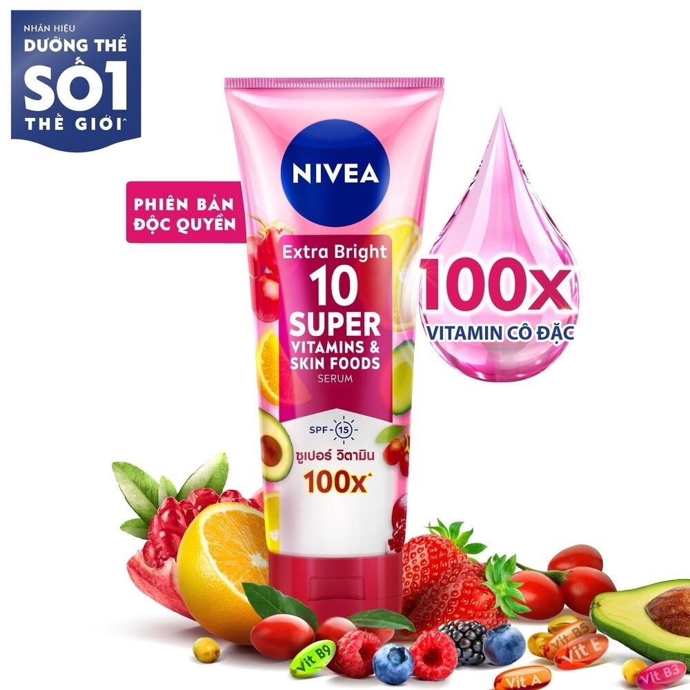 Tinh Chất Dưỡng Thể Nivea Sáng Da Extra Bright 10 Super Vitamin & Skin Foods Serum SPF15 180ml