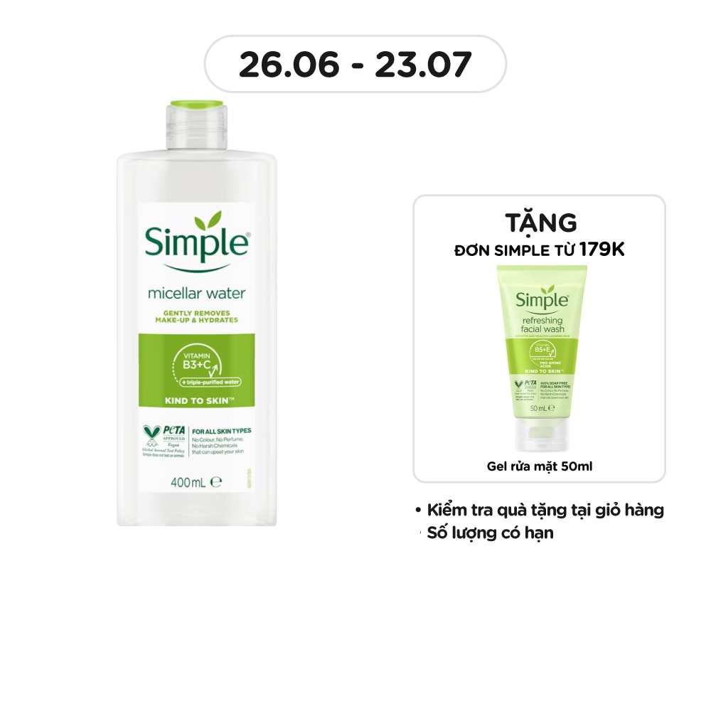 Nước Tẩy Trang Simple Dịu Nhẹ Làm Sạch Lớp Trang Điểm Và Cấp Ẩm Cho Da 400ml