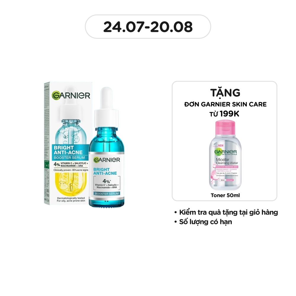 Dưỡng Chất Garnier Giảm Mụn Sáng Da Skin Naturals Bright Anti-Acne Booster Serum 30ml