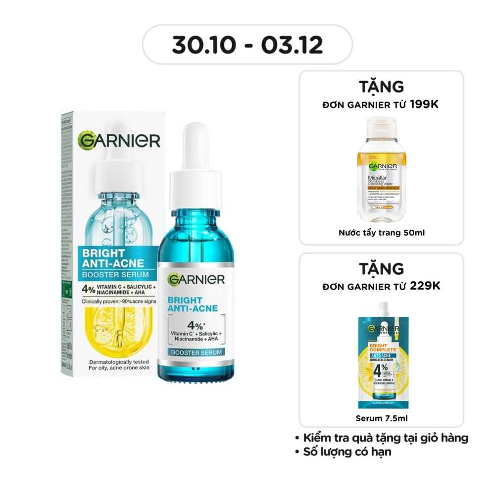 Dưỡng Chất Garnier Giảm Mụn Sáng Da Skin Naturals Bright Anti-Acne Booster Serum 30ml