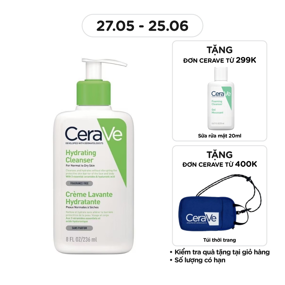 Sữa Rửa Mặt CeraVe Hydrating Cleanser Giúp Làm Sạch Và Cấp Ẩm Dành Cho Da Thường Và Da Khô 236ml