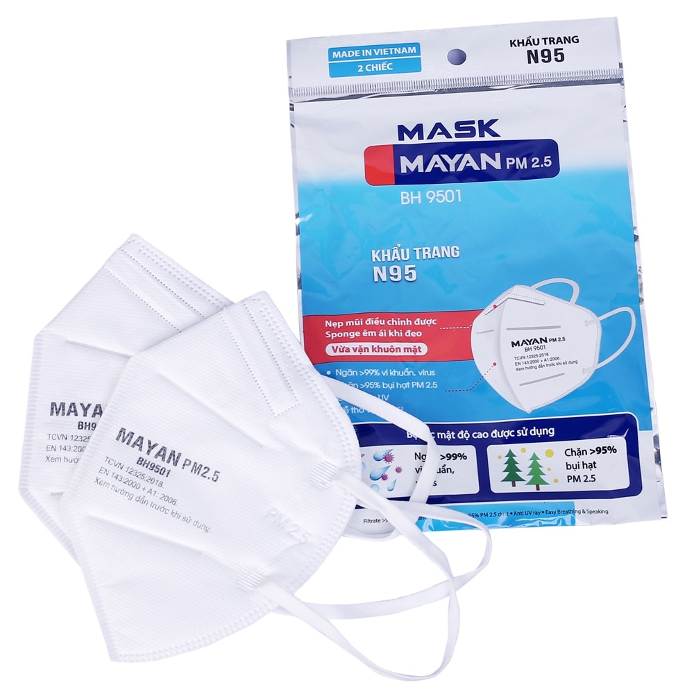 Khẩu Trang Mayan N95 Có Nẹp Mũi Điều Chỉnh PM 2.5 BH 9501 2 Chiếc/Túi