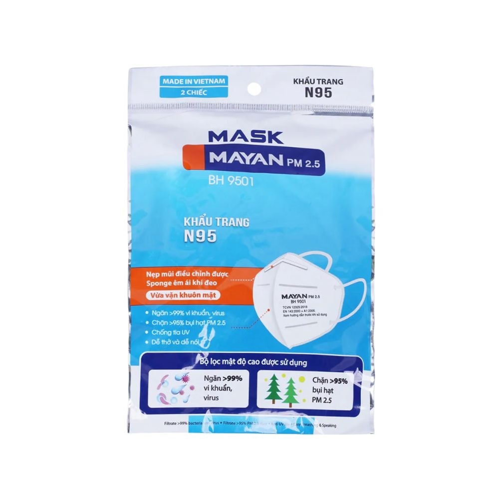 Khẩu Trang Mayan N95 Có Nẹp Mũi Điều Chỉnh PM 2.5 BH 9501 2 Chiếc/Túi