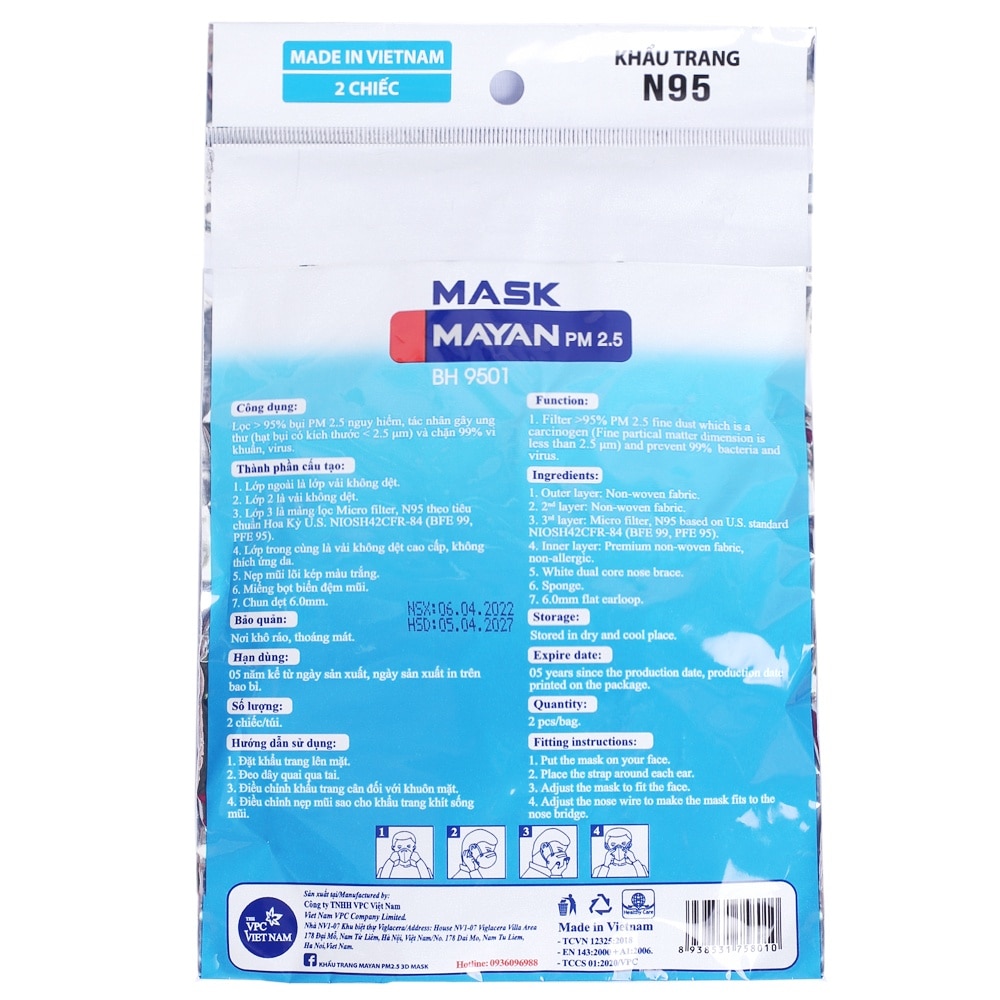 Khẩu Trang Mayan N95 Có Nẹp Mũi Điều Chỉnh PM 2.5 BH 9501 2 Chiếc/Túi