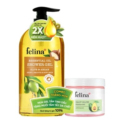 FELINA Gel Tắm Tinh Dầu Felilna Oliu Và Argan 800ml (Tặng Kèm Muối Tắm Tẩy Tế Bào Da Chết Chiết Xuất Bơ 500g)