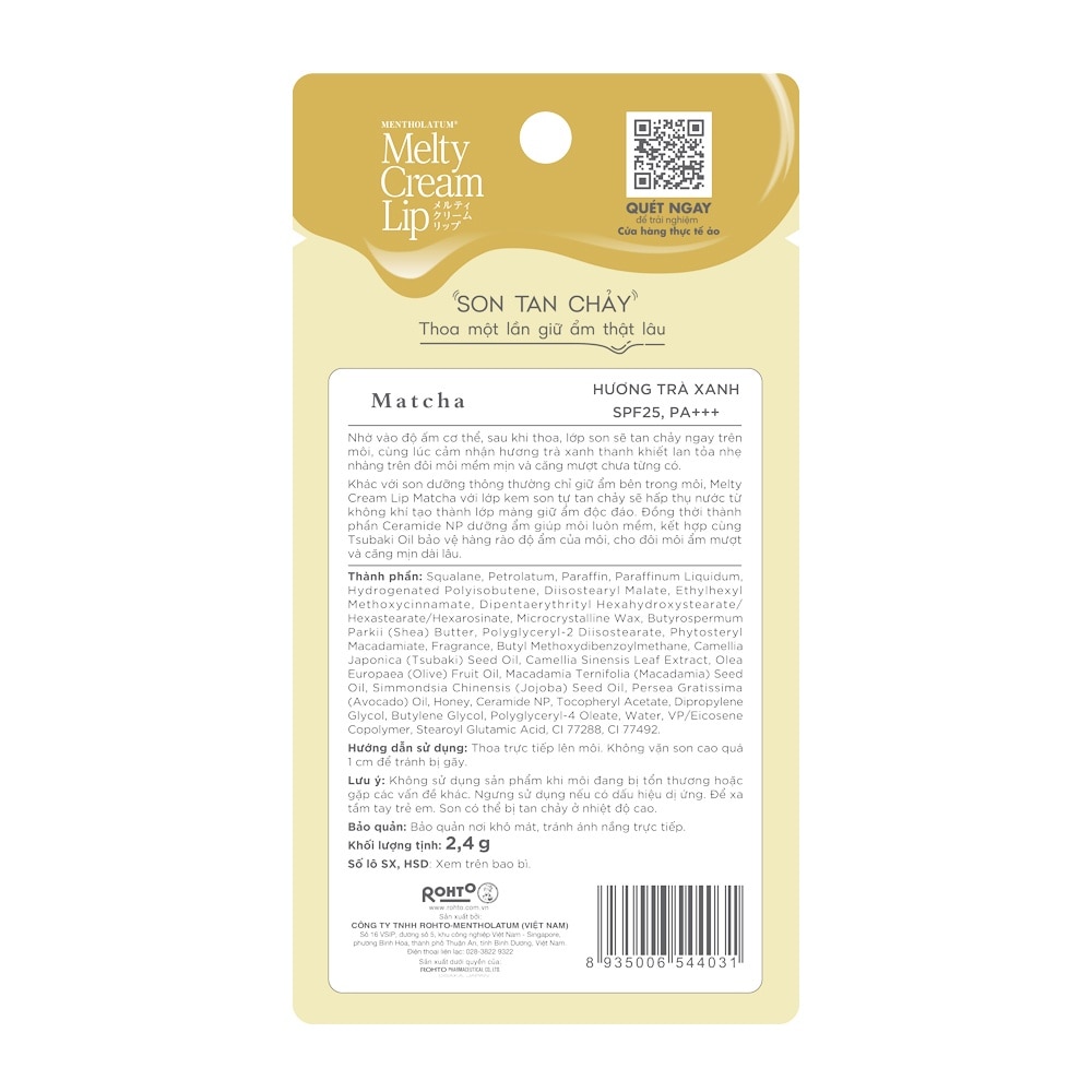 Son Dưỡng Môi Mentholatum Melty Cream Lip Matcha SPF25 PA++++ 2.4g