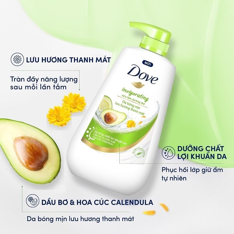 Sữa Tắm Dove Dưỡng Thể Invigorating Lưu Hương Thơm Mát Chiết Xuất Bơ & Hoa Cúc 900g