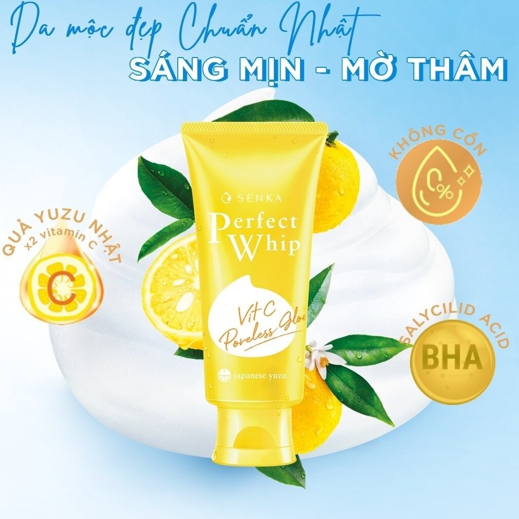 Sữa Rửa Mặt Senka Perfect Whip Vit C Poreless Glow Dưỡng Sáng Mờ Thâm 100g