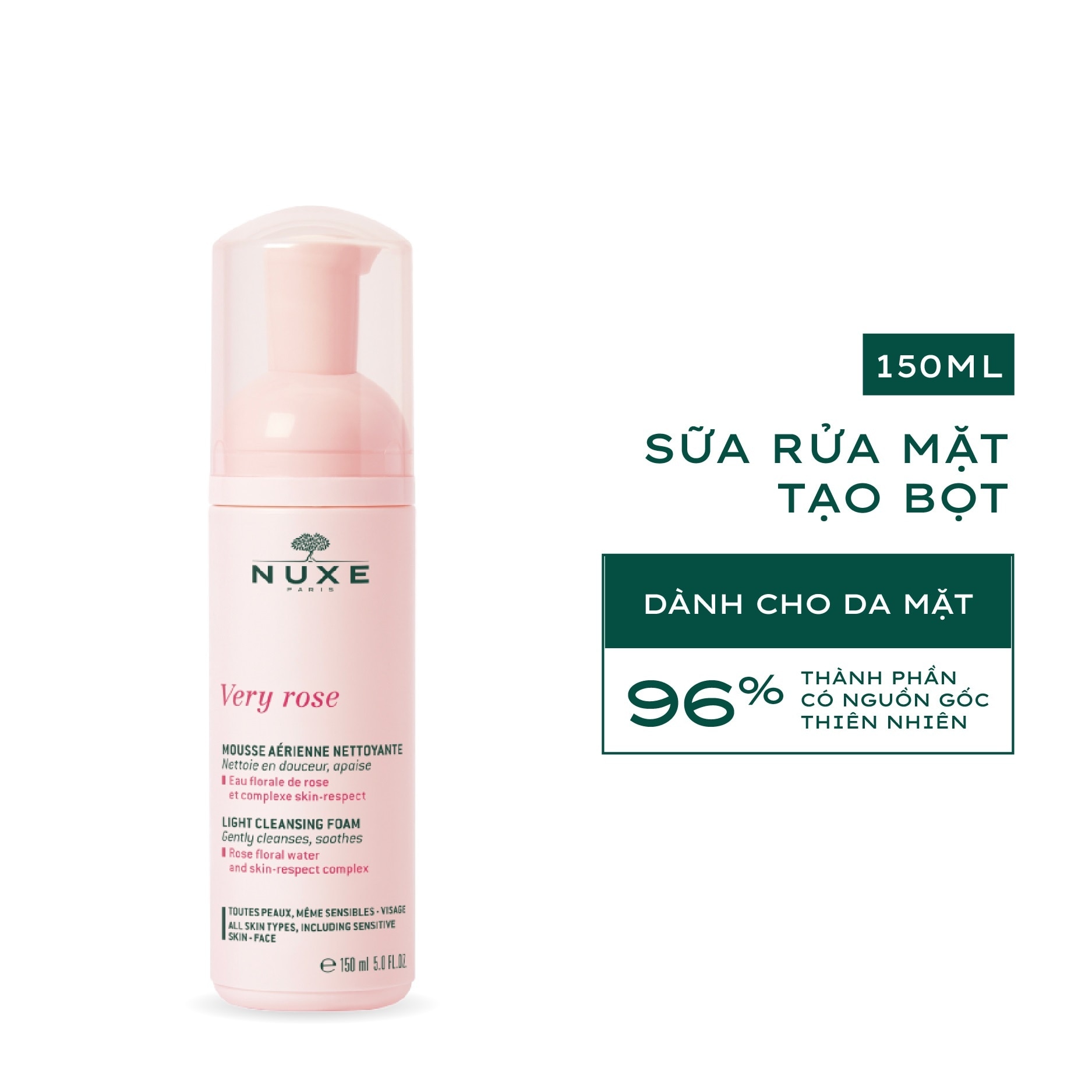 Sữa Rửa Mặt Nuxe Tạo Bọt Chiết Xuất Hoa Hồng Very Rose Light Cleansing Foam 150ml