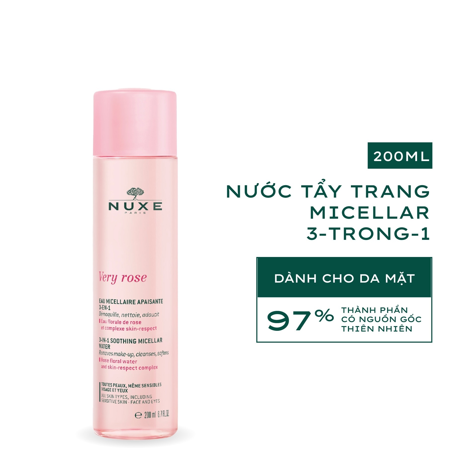 Nước Tẩy Trang Nuxe 3in1 Chiết Xuất Hoa Hồng Very Rose Micellar Water 200ml