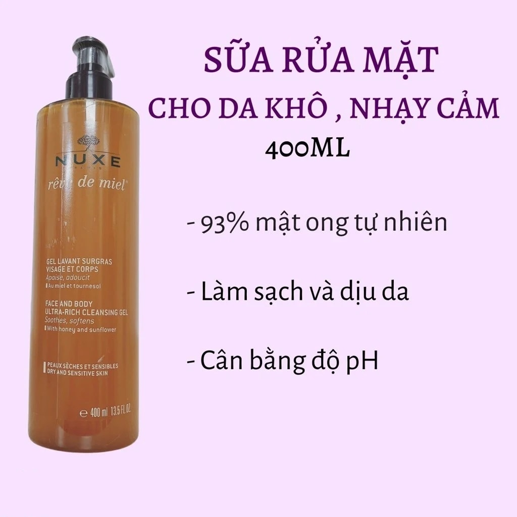 Gel Tắm Và Rửa Mặt Nuxe Chiết Xuất Mật Ong Reve De Miel Face and Body Ultra Rich Cleansing Gel 400ml