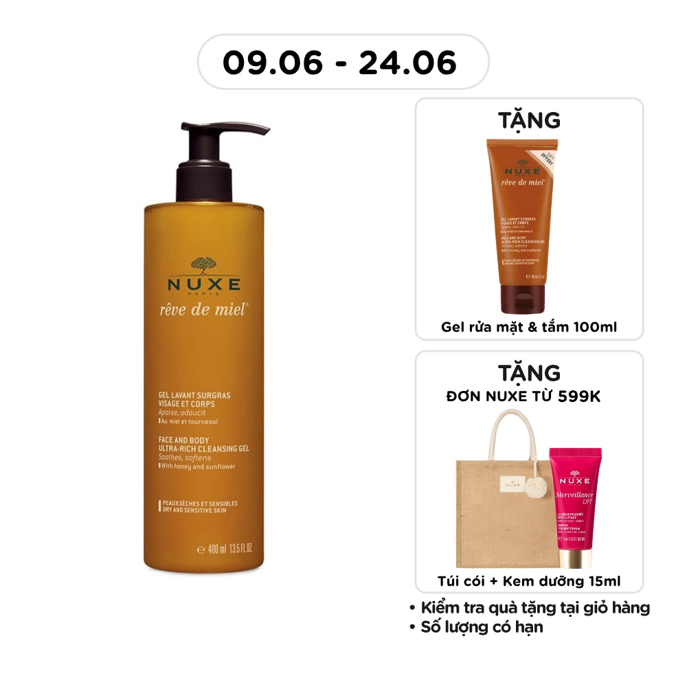 Gel Tắm Và Rửa Mặt Nuxe Chiết Xuất Mật Ong Reve De Miel Face and Body Ultra Rich Cleansing Gel 400ml