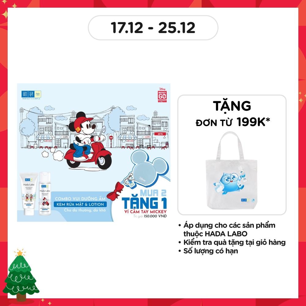 Combo Hadalabo Mickey Dưỡng Ẩm Cho Da Thường, Da Khô (Kem Rửa Mặt 80g+ Lotion 170ml+ Tặng Ví Mickey)