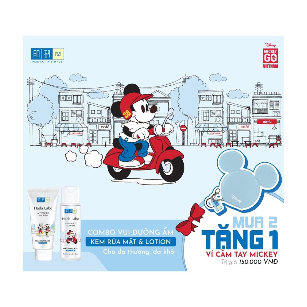 Combo Hadalabo Mickey Dưỡng Ẩm Cho Da Thường, Da Khô (Kem Rửa Mặt 80g+ Lotion 170ml+ Tặng Ví Mickey)