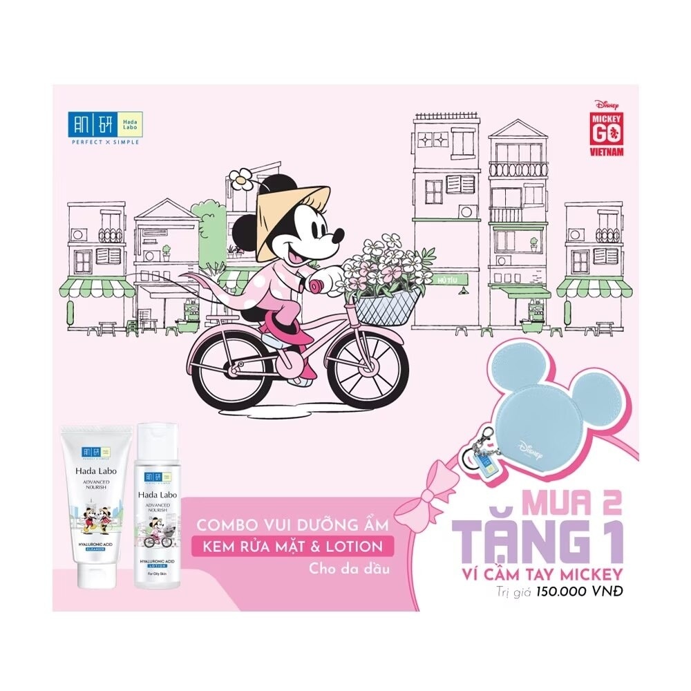 Combo Hadalabo Mickey Dưỡng Ẩm Cho Da Dầu (Kem Rửa Mặt 80g+ Lotion 170ml+ Tặng Ví Cầm Tay Mickey)