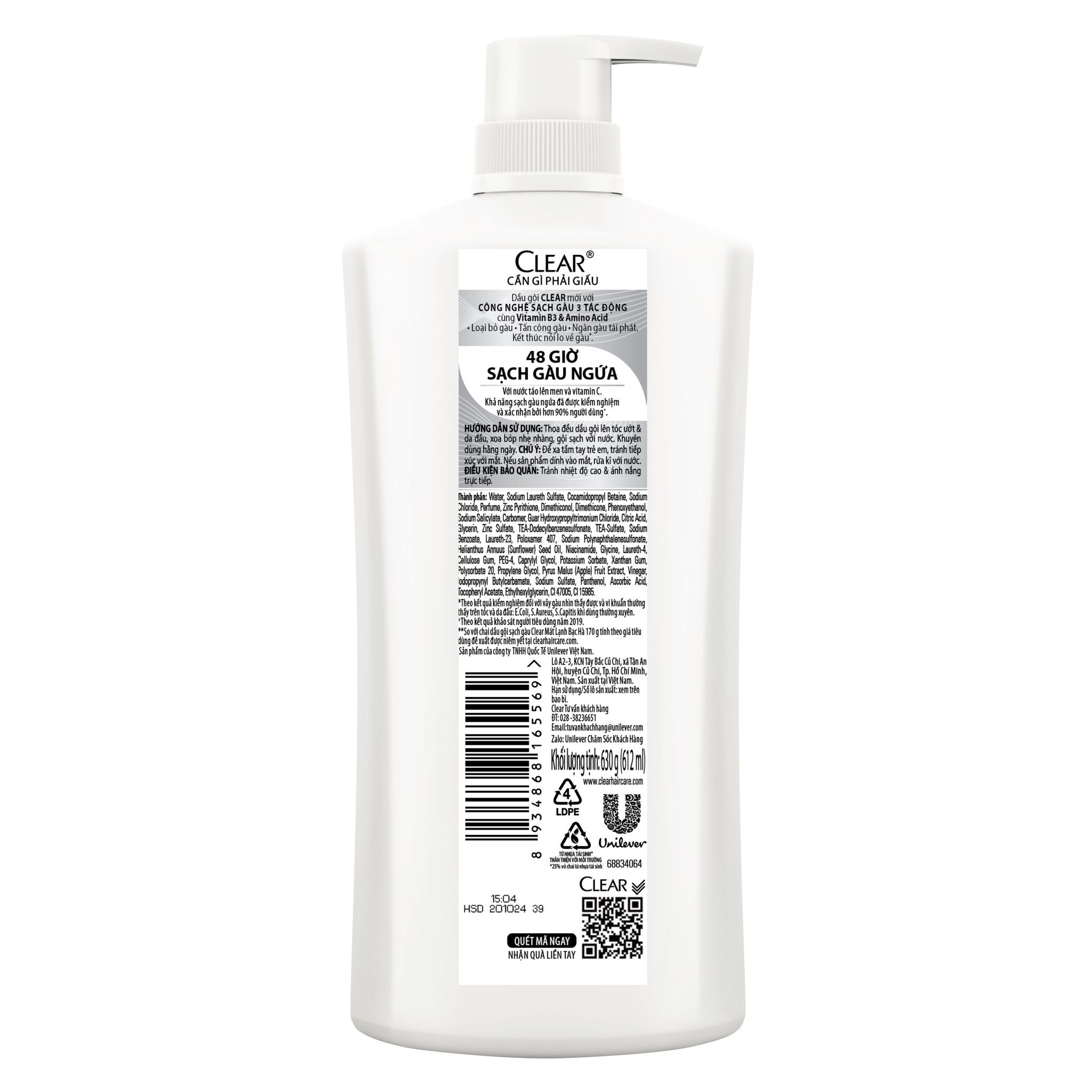 Dầu Gội Sạch Gàu Clear 48 Giờ Sạch Gàu Ngứa 630g (612ml)