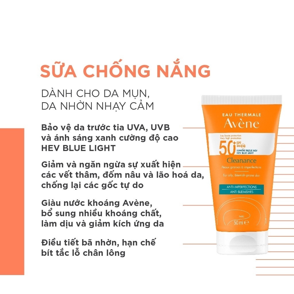 Kem Chống Nắng Avène Cho Da Dầu Mụn Giúp Bảo Vệ Da Khỏi Tia UVA, UVB, Ánh Sáng Xanh 50ml