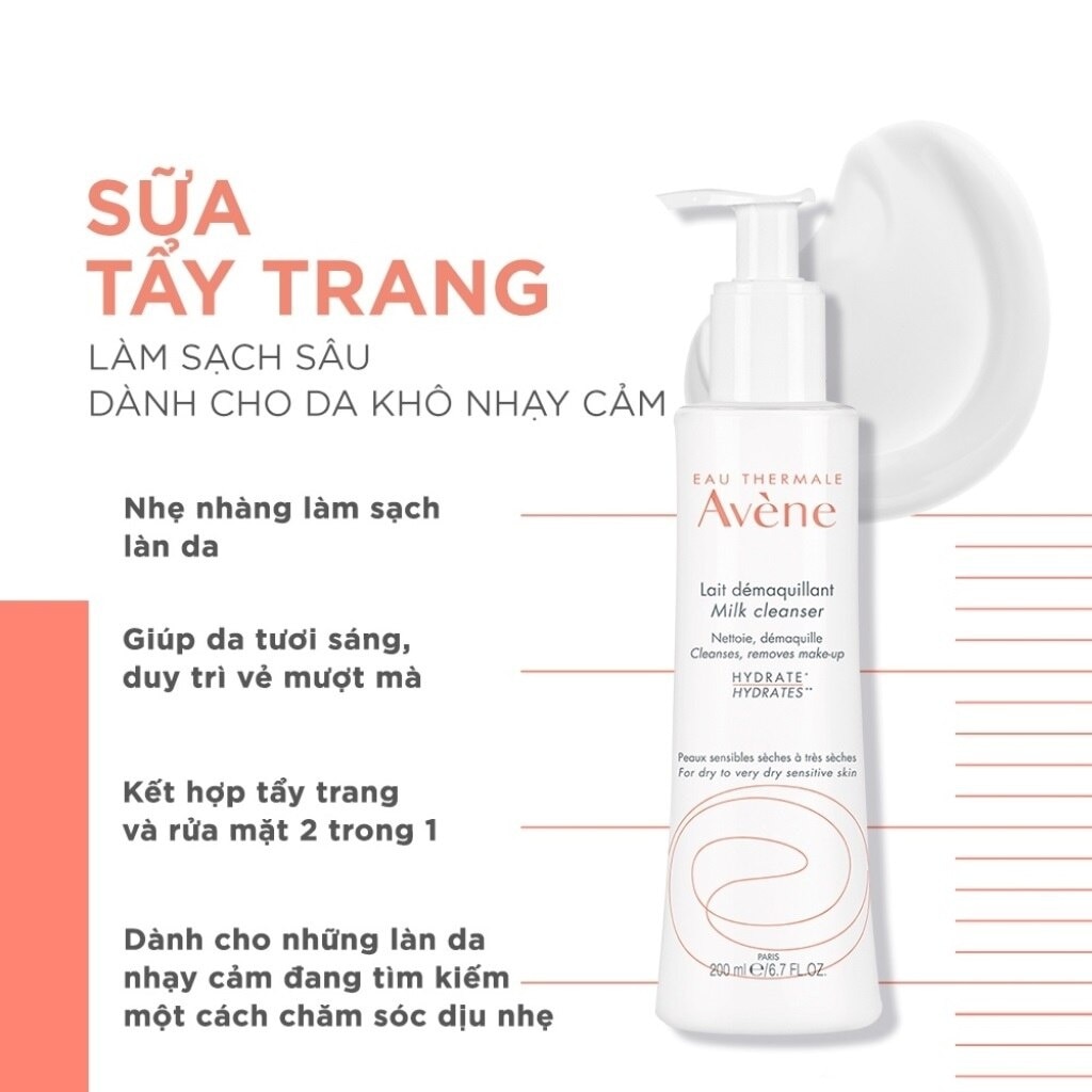 Sữa Rửa Mặt Tẩy Trang Avène Làm Sạch Sâu Cho Da Khô Nhạy Cảm Milk Cleanser 200ml