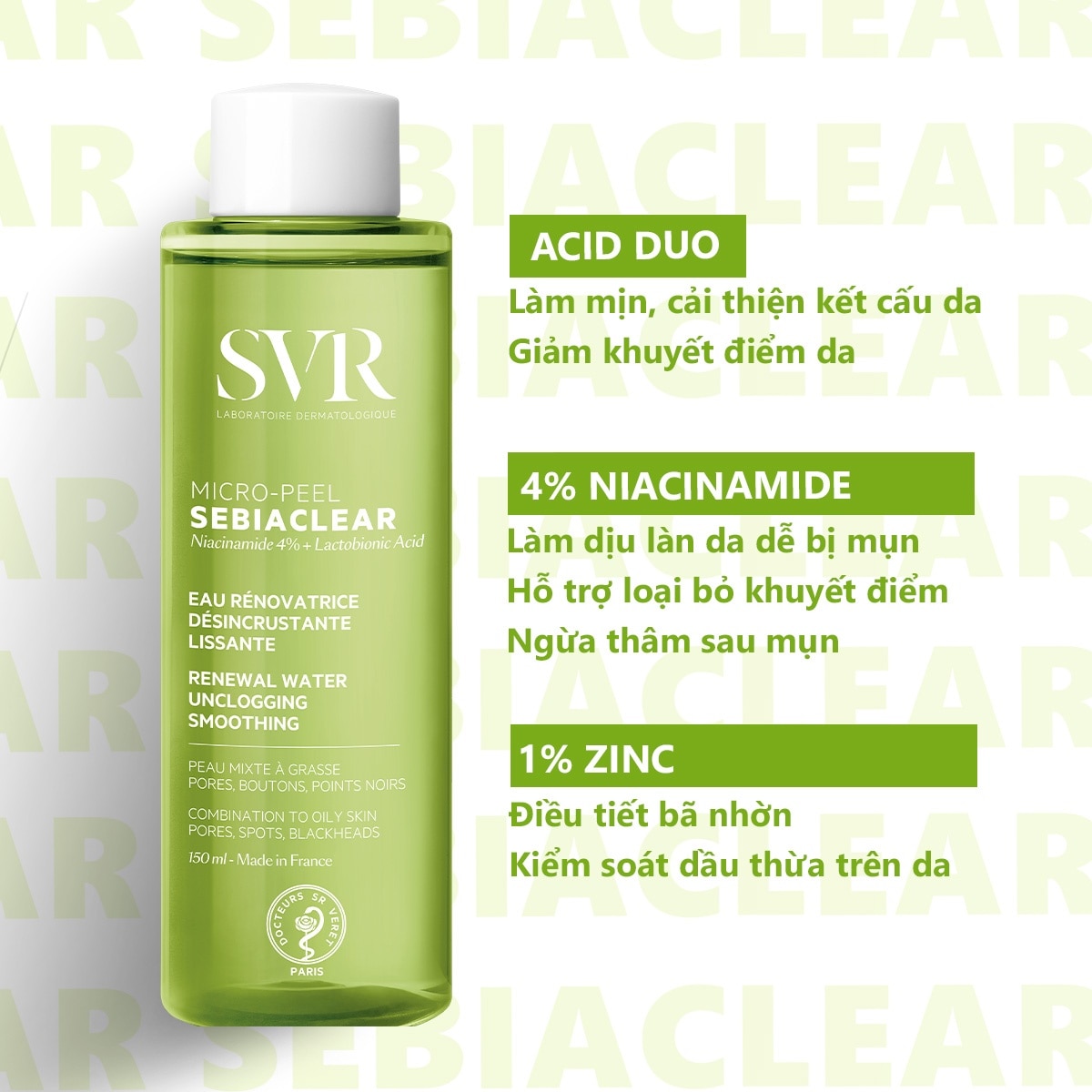 Nước Cân Bằng SVR Sebiaclear Micro-Peel Dành Cho Da Dầu Mụn 150ml