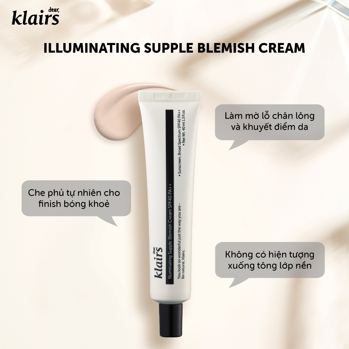 Kem Nền Dear Klairs Trang Điểm Giúp Lớp Nền Căng Mịn Illuminating Supple Blemish Cream 40ml