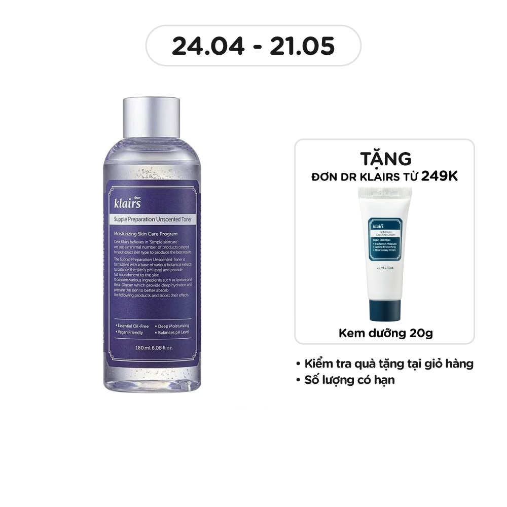 Nước Hoa Hồng Không Mùi Dear Klairs Dưỡng Ẩm Da Và Làm Mềm Da Supple Preparation Unscented 180ml