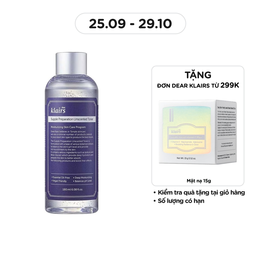 Nước Hoa Hồng Không Mùi Dear Klairs Dưỡng Ẩm Da Và Làm Mềm Da Supple Preparation Unscented 180ml