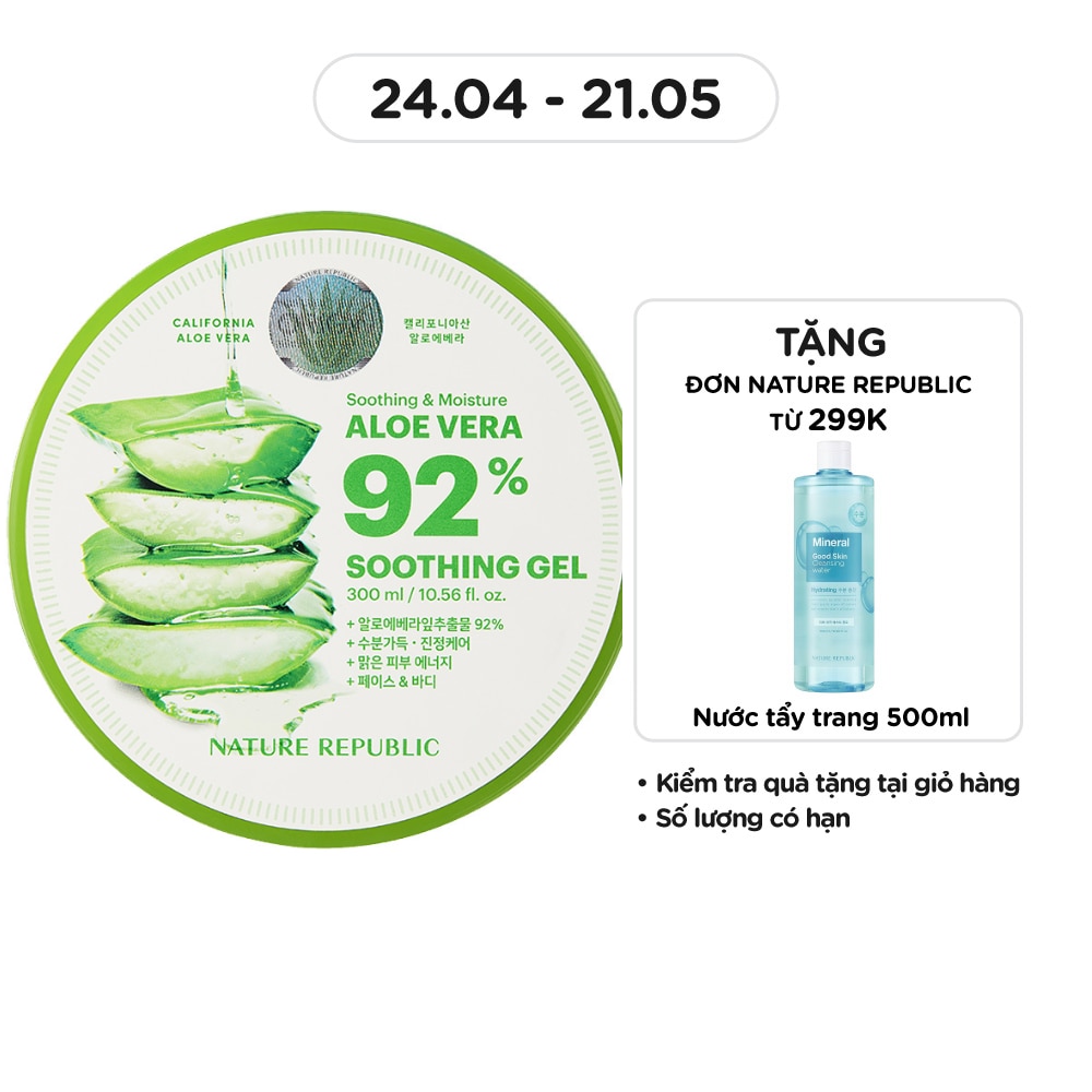 Gel Dưỡng Ẩm Nature Republic Chiết Xuất Lô Hội Soothing & Moisture Aloe Vera 92% Soothing Gel 300ml