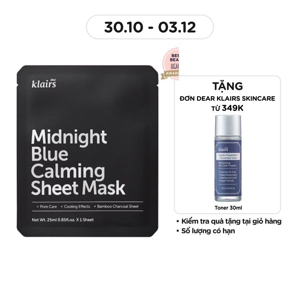 Mặt Nạ Dear Klairs Dưỡng Ẩm Và Phục Hồi Da Midnight Blue Calming Sheet Mask 25ml