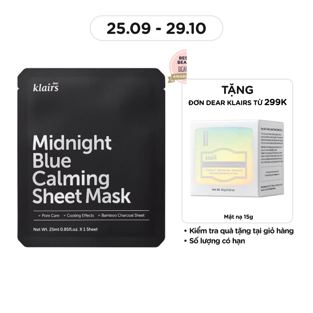 Mặt Nạ Dear Klairs Dưỡng Ẩm Và Phục Hồi Da Midnight Blue Calming Sheet Mask 25ml