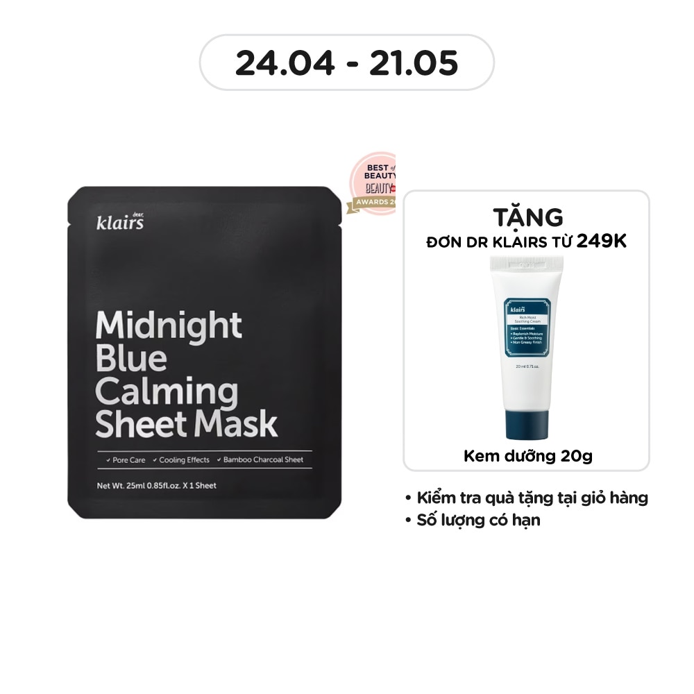 Mặt Nạ Dear Klairs Dưỡng Ẩm Và Phục Hồi Da Midnight Blue Calming Sheet Mask 25ml