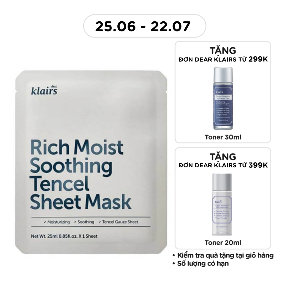 Mặt Nạ Dear Klairs Dưỡng Ẩm Và Làm Mịn Da Rich Moist Soothing Tencel Sheet Mask 25ml