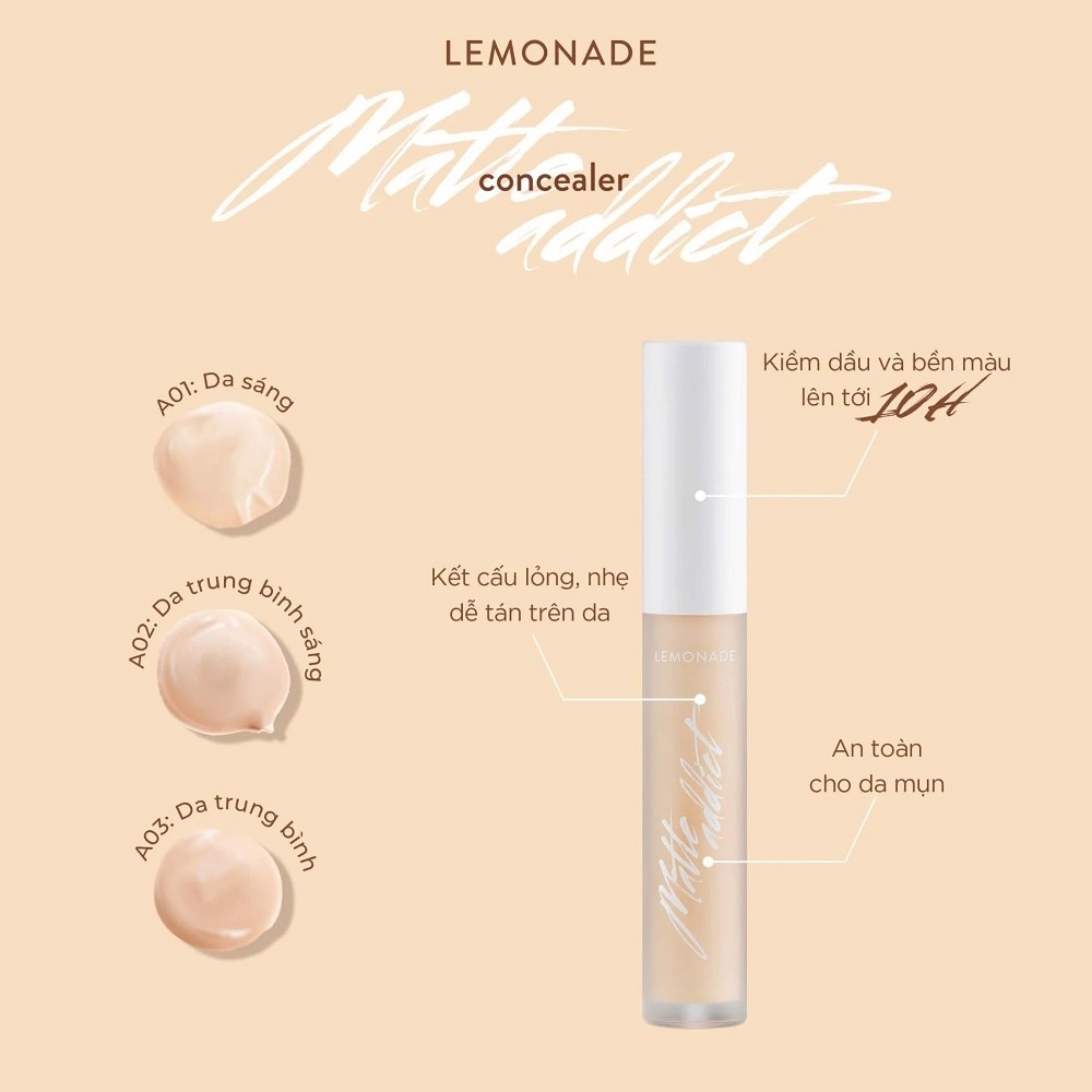 Kem Che Khuyết Điểm Lemonade Kiềm Dầu & Bền Màu Tuyệt Đối Matte Addict Concealer 3g .#A02