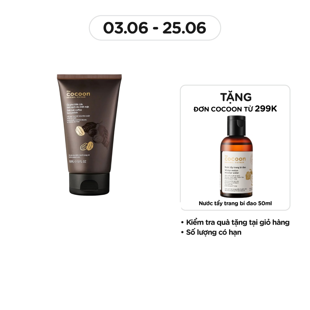 Tẩy Tế Bào Cocoon Dak Lak Coffee Làm Sạch Mềm Mại Da Mặt Với Hạt Cà Phê Và Bơ Ca Cao 150ml